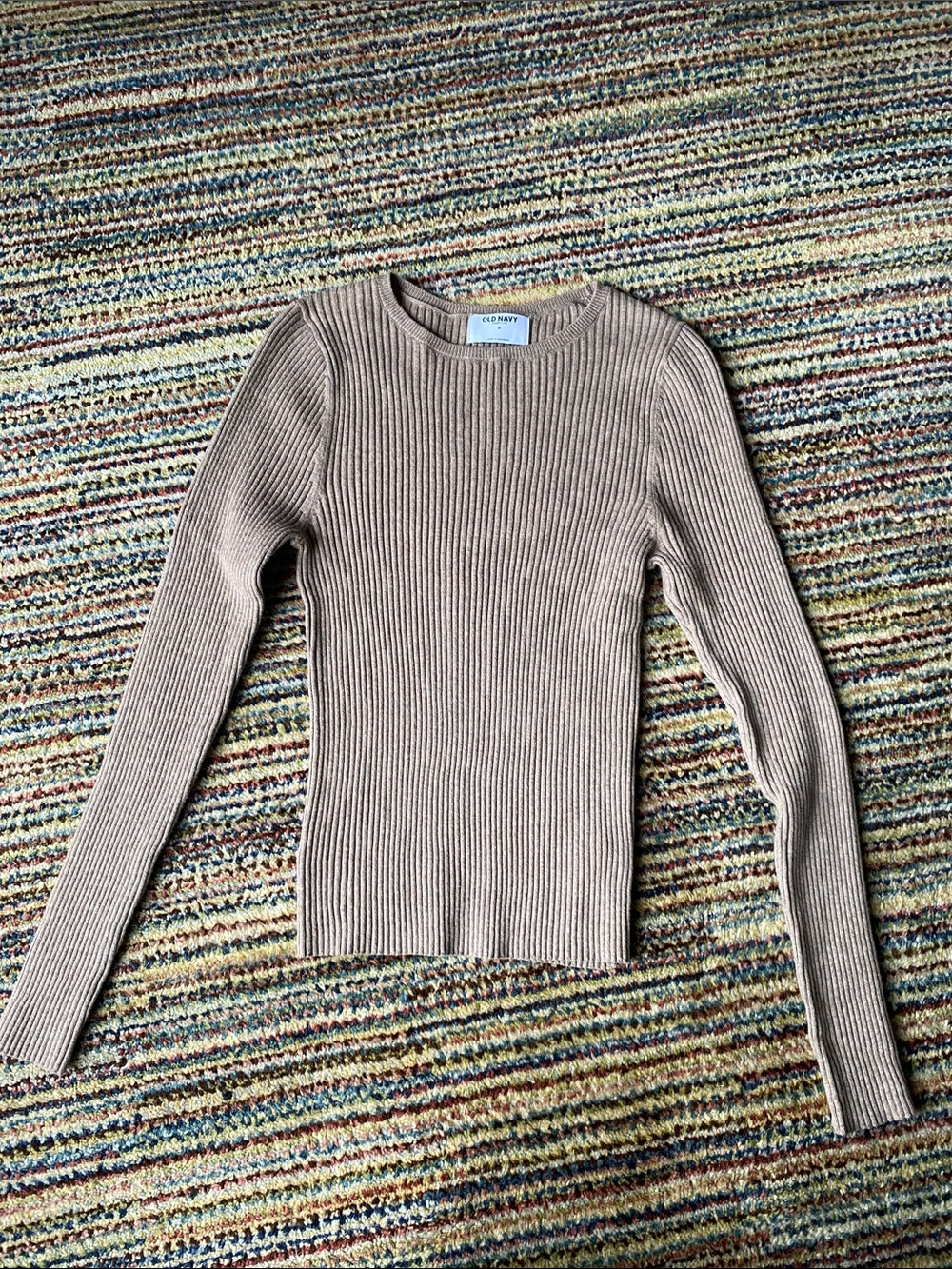 Ribbed Crewneck Long Sleeve Sweater in Tan